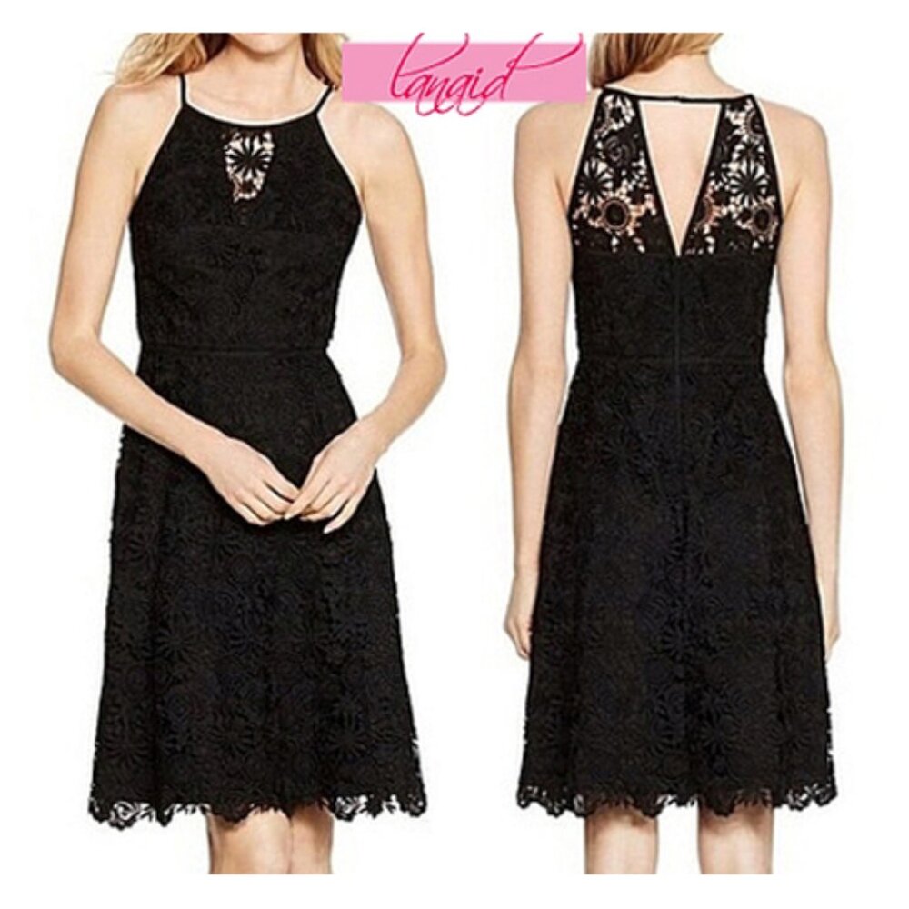 WHBM Sleeveless Lace Fit And Flare Black Floral Crochet Open Back Cutouts Skater